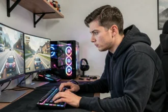 Joueur concentré devant un setup gaming avec plusieurs écrans affichant un jeu vidéo, illustrant les risques de ban et la sécurité en ligne sur GTA