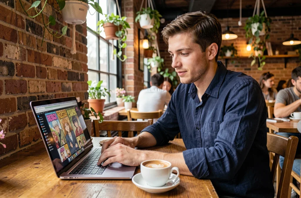 Homme consultant une plateforme de lecture de mangas en ligne sur un ordinateur portable dans un café parisien