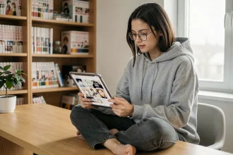 Jeune femme lisant des mangas en ligne sur une tablette dans un bureau moderne avec des étagères de manga en arrière-plan