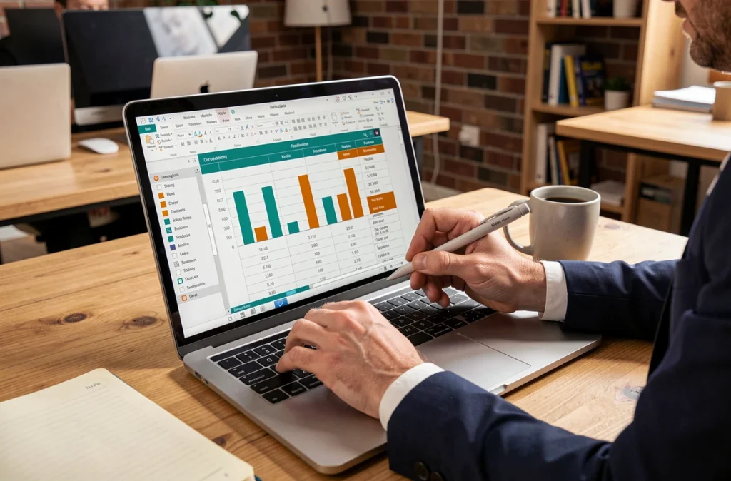 Mains d'un homme utilisant un stylet pour modifier un graphique dynamique dans un tableau PowerPoint sur un ordinateur portable tactile