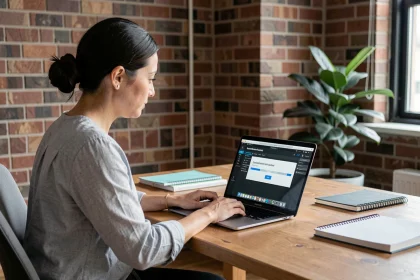 Femme installant une mise à jour logicielle sur son ordinateur portable dans un bureau à domicile moderne