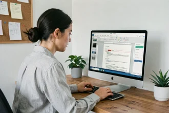 Femme en train de mettre en page un rapport sous LibreOffice Writer sur un grand écran dans un bureau à domicile moderne