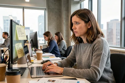 Femme en entreprise inquiète face à des mots de passe inscrits sur un post-it collé à son écran d'ordinateur