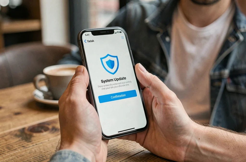 Notification de mise à jour de sécurité sur smartphone tenu dans les mains dans un café urbain