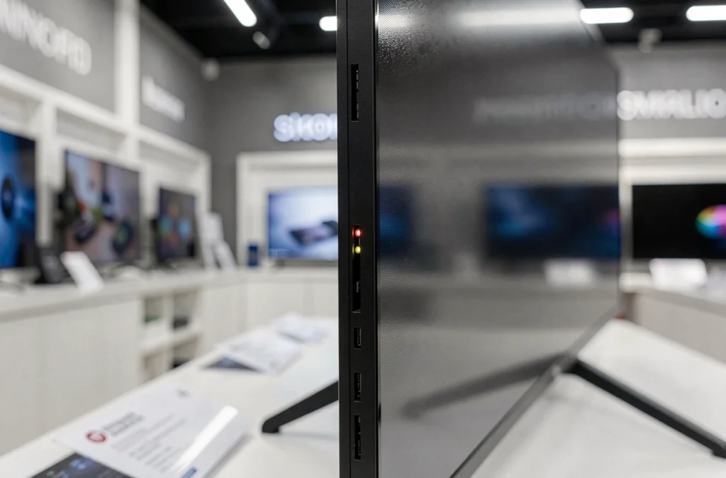 Gros plan sur la tranche ultra-fine d'un téléviseur OLED en exposition dans un magasin d'électronique grand public