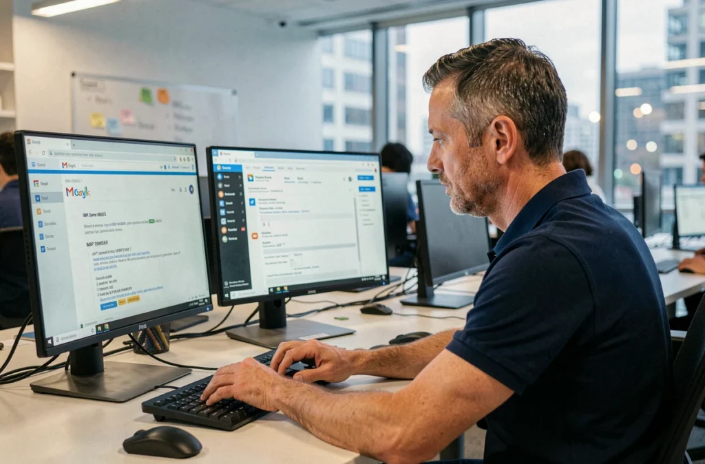 Homme configurant Gmail et Outlook avec les paramètres IMAP mel ac Limoges sur double écran en open space