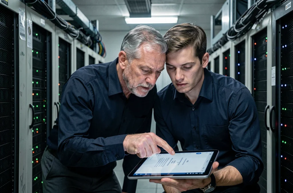 Deux professionnels de l'informatique partageant un mot de passe sur une tablette dans une salle de serveurs sécurisée