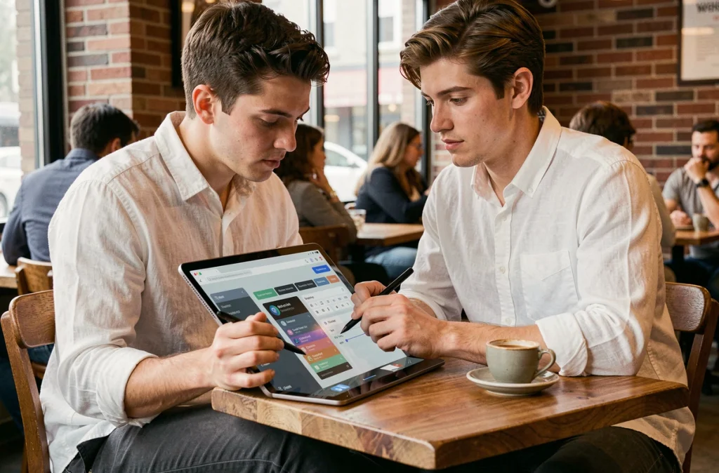 Jeune professionnel personnalisant une barre d'outils sur tablette avec stylet dans un café urbain