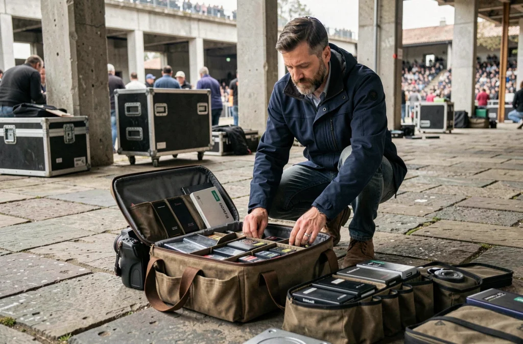 Photographe professionnel organisant des disques durs externes dans un sac photo lors d'un événement en extérieur
