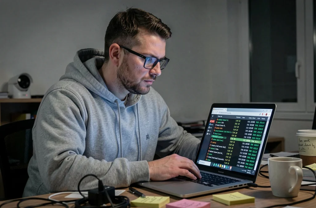 Professionnel en informatique analysant des logs réseau sur un ordinateur portable dans un bureau à domicile