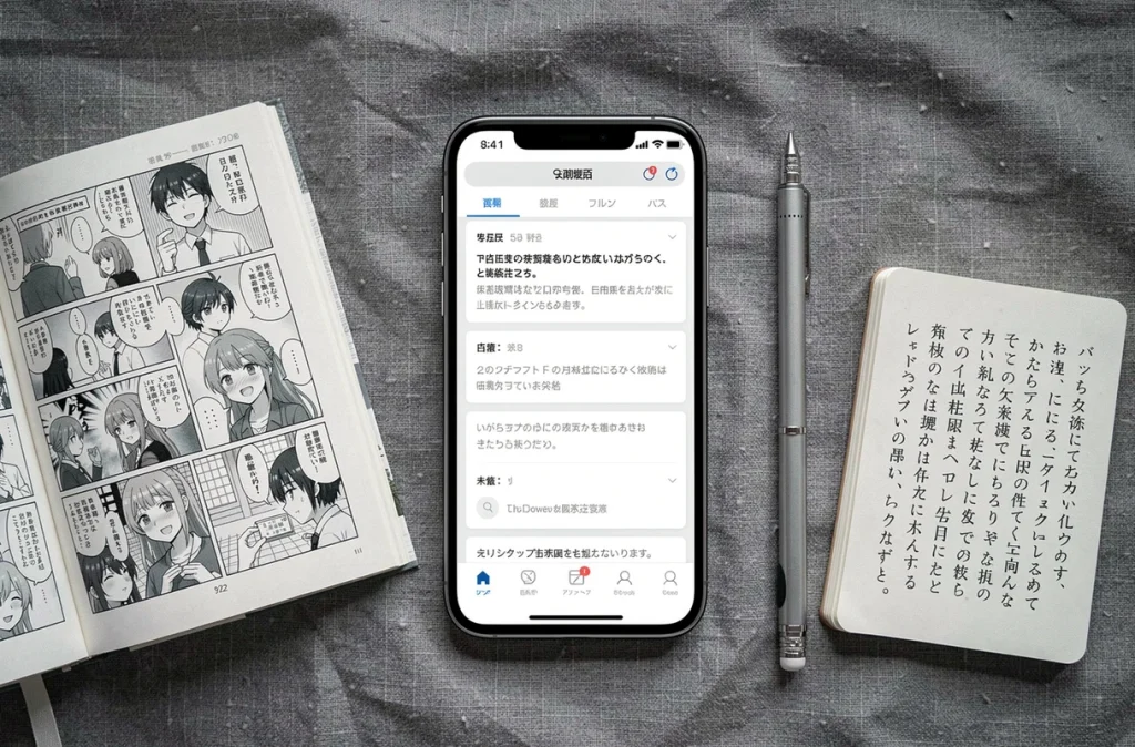 Vue aérienne d'un smartphone avec application de lecture de mangas et un volume physique de manga sur une surface en lin gris
