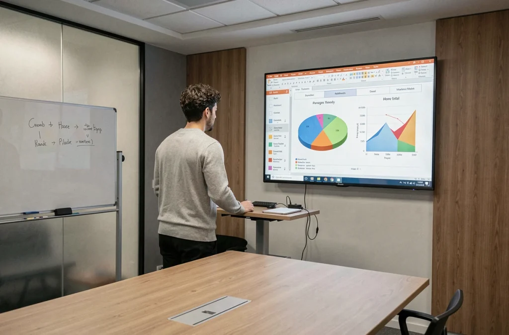 Homme présentant un tableau PowerPoint avec graphiques dynamiques intégrés sur un écran mural dans une salle de réunion moderne