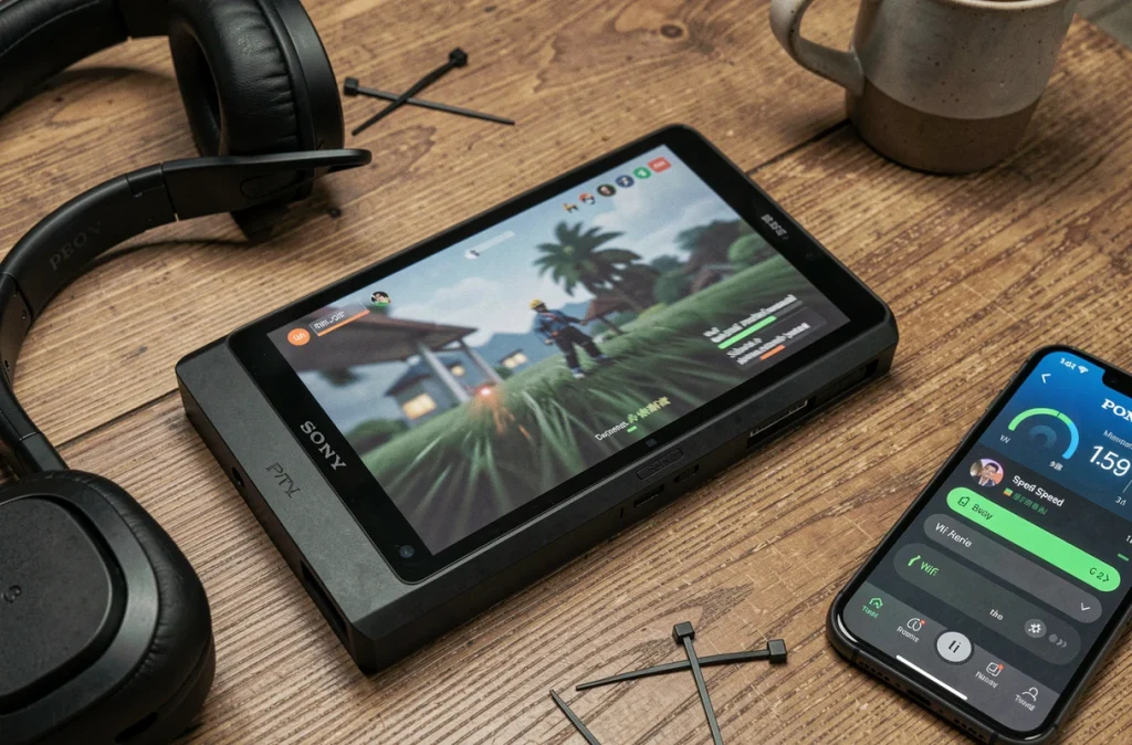 PS Portal posé sur un bureau avec casque audio et test de connexion Wi-Fi pour le cloud gaming