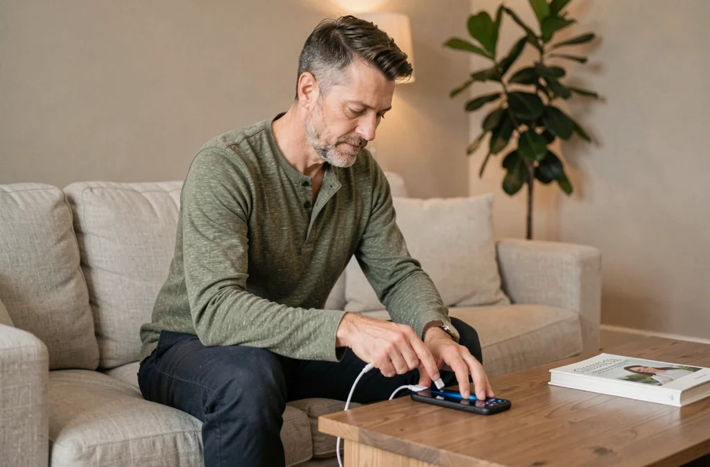 Homme rechargeant son Samsung Galaxy A35 5G via USB-C dans un salon moderne, test d'autonomie au quotidien