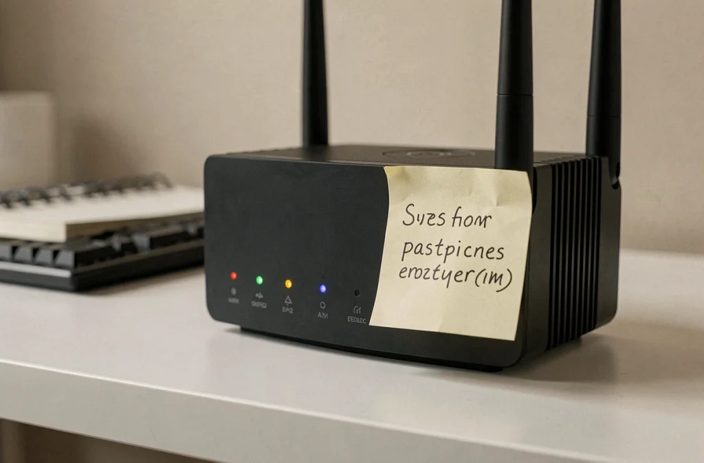 Routeur wifi domestique avec mot de passe écrit sur un post-it, risque de sécurité