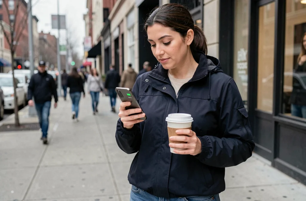 Femme consultant l'autonomie de son Samsung Galaxy A35 5G en déplacement urbain lors d'un trajet matinal