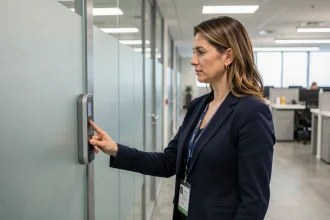 Femme professionnelle utilisant un badge d'accès sécurisé dans un couloir de bureau en entreprise
