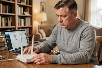 Homme vérifiant la sécurité de son routeur wifi à domicile