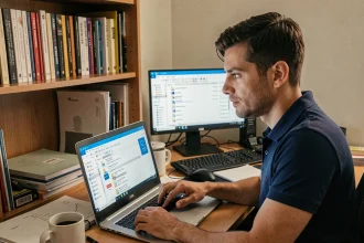 Technicien informatique analysant une interface Windows sur son ordinateur portable dans un bureau à domicile