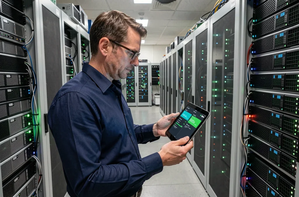 Technicien informatique supervisant des mises à jour de sécurité dans une salle de serveurs d'entreprise