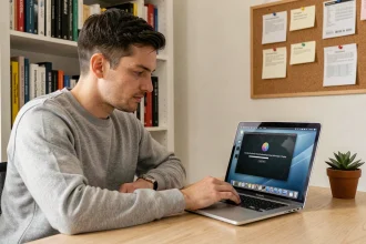 Homme téléchargeant macOS Sierra 10.12 en toute sécurité sur un MacBook Pro dans un bureau à domicile organisé