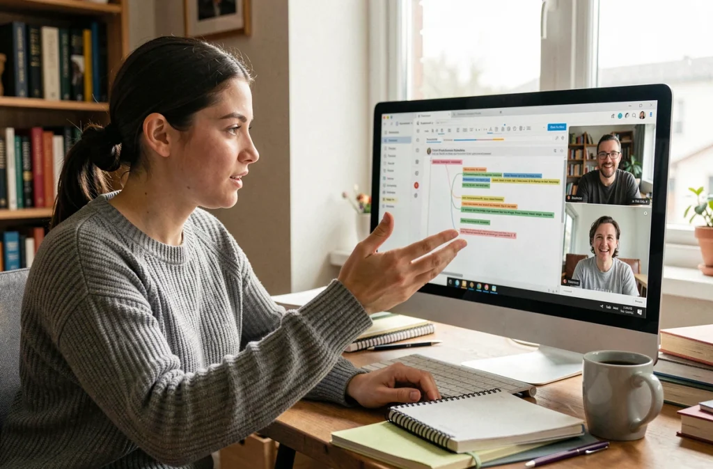 Jeune femme en télétravail collaborant sur un document partagé avec commentaires en temps réel sur son écran d'ordinateur