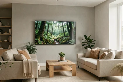 Téléviseur OLED grand format installé dans un salon moderne au design scandinave avec canapé beige et table basse en bois