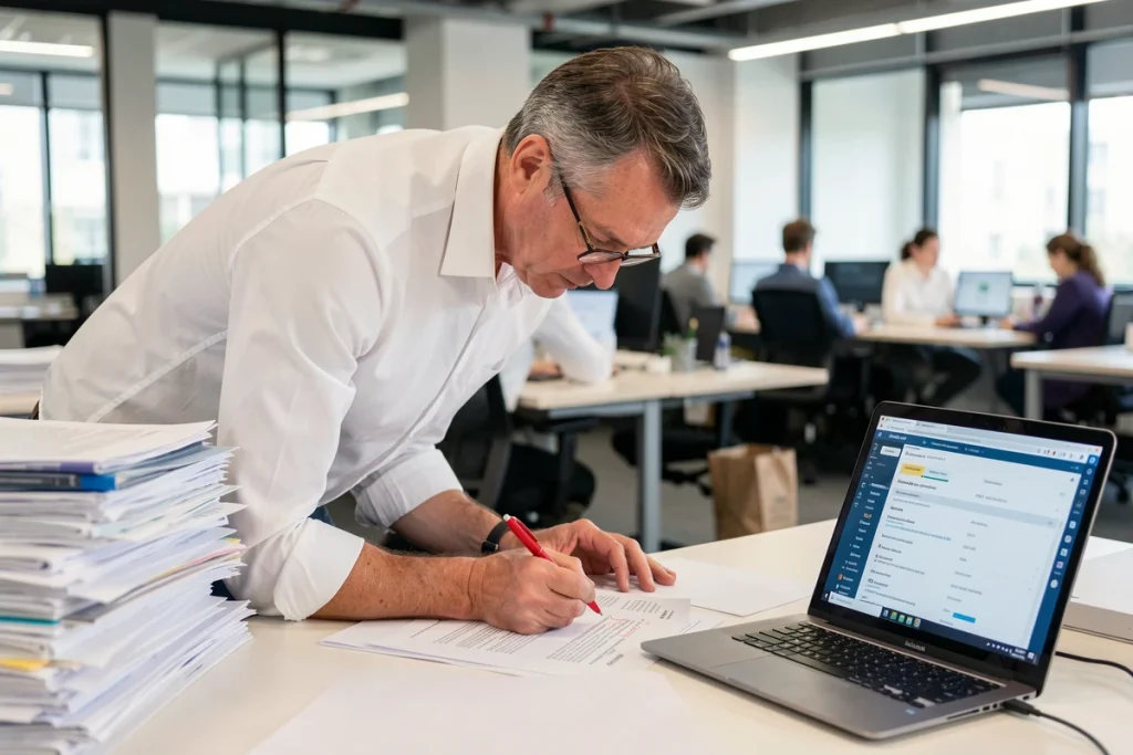 Traducteur professionnel annotant des documents imprimés pour corriger des erreurs fréquentes de traduction dans un bureau moderne