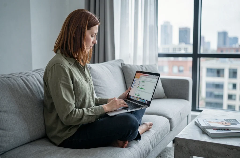 Femme vérifiant la sécurité d'un téléchargement de macOS Sierra 10.12 sur un MacBook Air dans un salon moderne