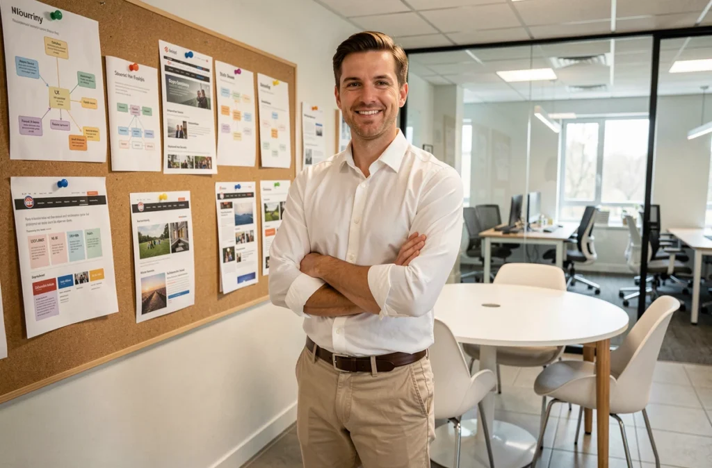 Chef de projet de l'agence Paseo présentant une cartographie UX et des captures d'écran de sites web dans une salle de réunion