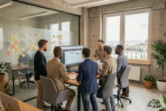 Équipe d'une agence de développement web en Charente-Maritime travaillant ensemble autour d'un écran affichant des maquettes de site web