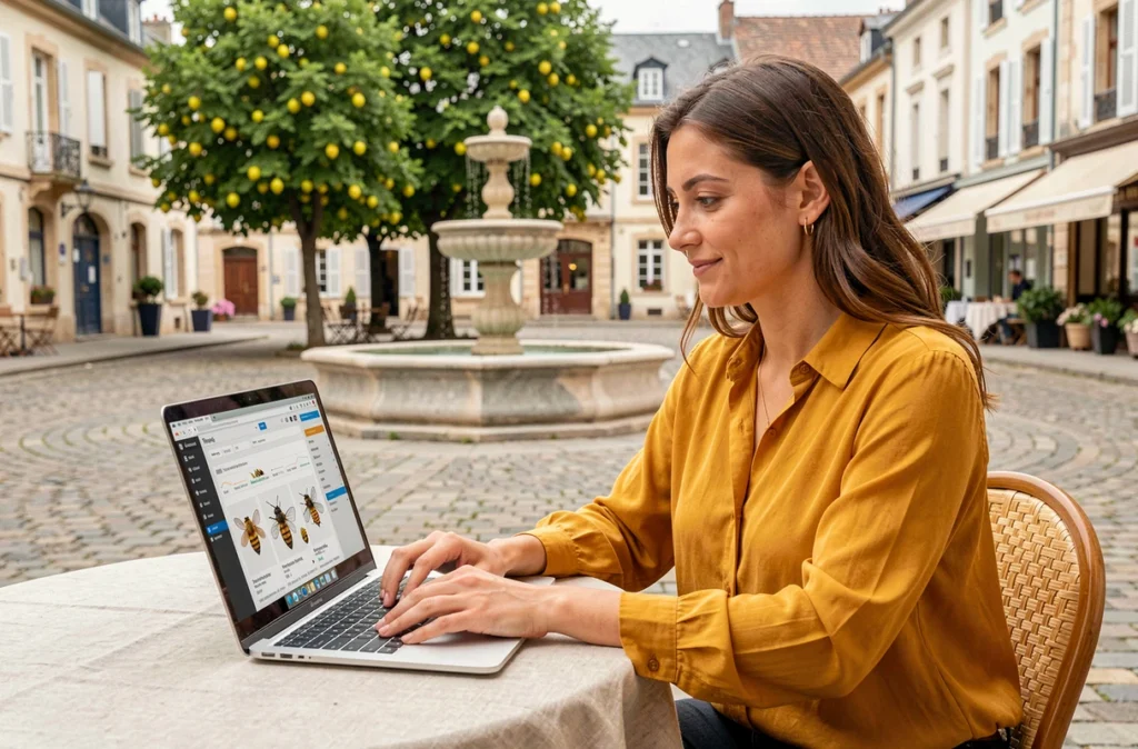 Spécialiste marketing digital d'AmphiBee travaillant sur un site WordPress e-commerce depuis une terrasse en Centre-Val de Loire