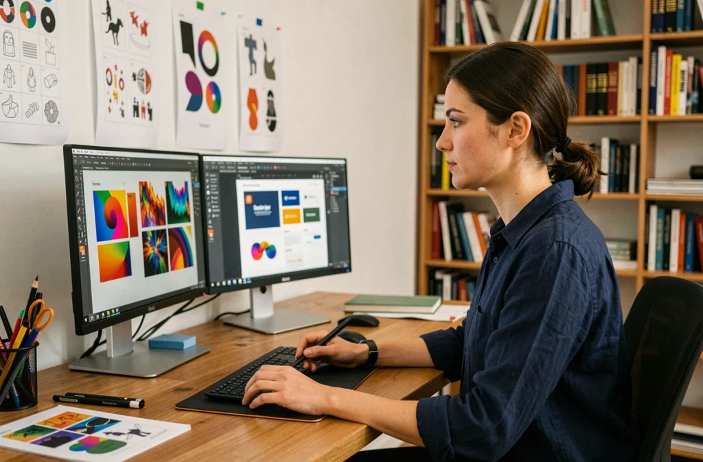Graphiste de l'agence Artgrafik Digital travaillant sur une identité visuelle et des maquettes web dans un studio créatif