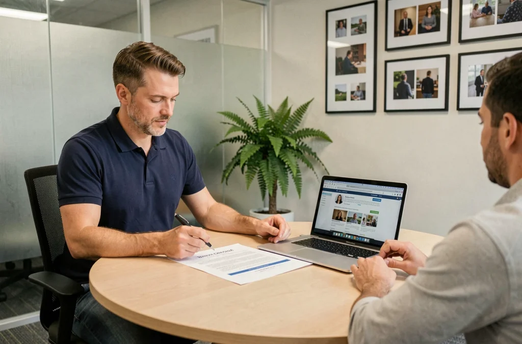 Consultant de BSA Web présentant une proposition de site WordPress à un client lors d'une réunion professionnelle