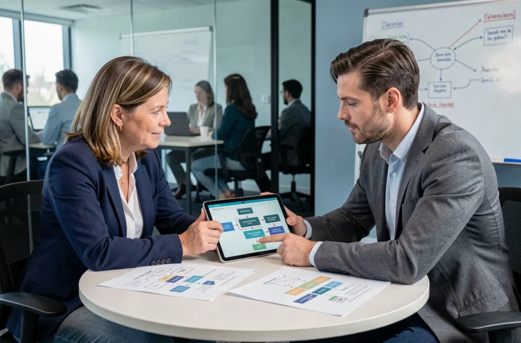 Deux professionnels collaborant sur l'intégration de l'API de naturalisation ANEF dans une salle de réunion