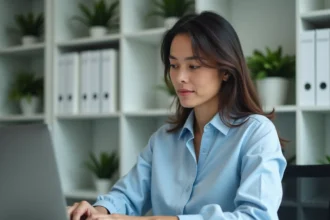 Personnelle de l'académie de Nantes connectée à sa messagerie Etna webmail sur un ordinateur portable dans un bureau administratif moderne