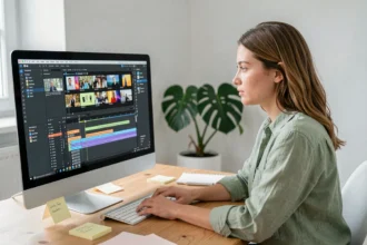 Jeune femme créatrice de contenu optimisant un GIF animé sur son iMac dans un studio épuré pour une publication Instagram en 2026
