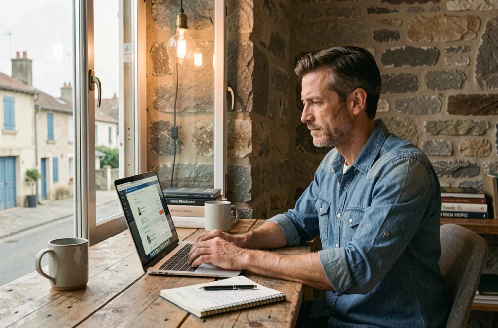 Cyril Deborde, développeur web freelance, travaillant sur un thème WordPress personnalisé dans un studio home-office aux murs en pierre