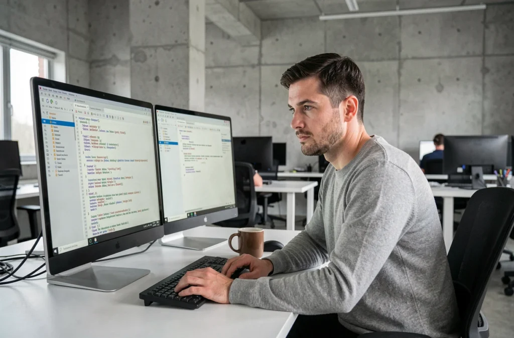 Développeur consultant la documentation API ANEF sur un ordinateur de bureau dans un espace de travail moderne