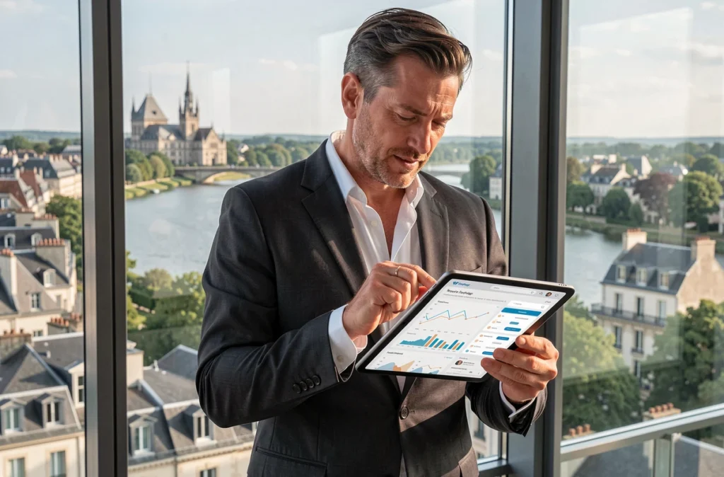 Consultant en stratégie digitale de Digital Korner présentant des résultats WordPress avec vue sur la Loire en arrière-plan