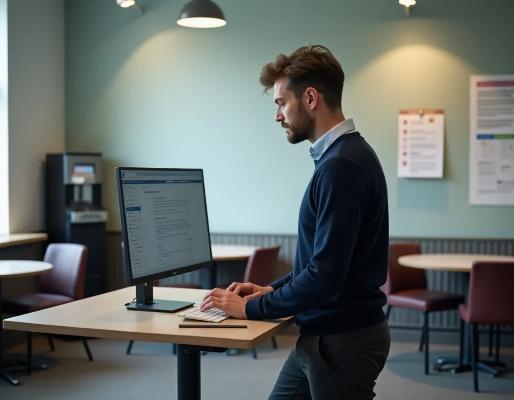 Enseignant consultant sa messagerie professionnelle Etna webmail depuis la salle des professeurs d'un établissement scolaire de Nantes