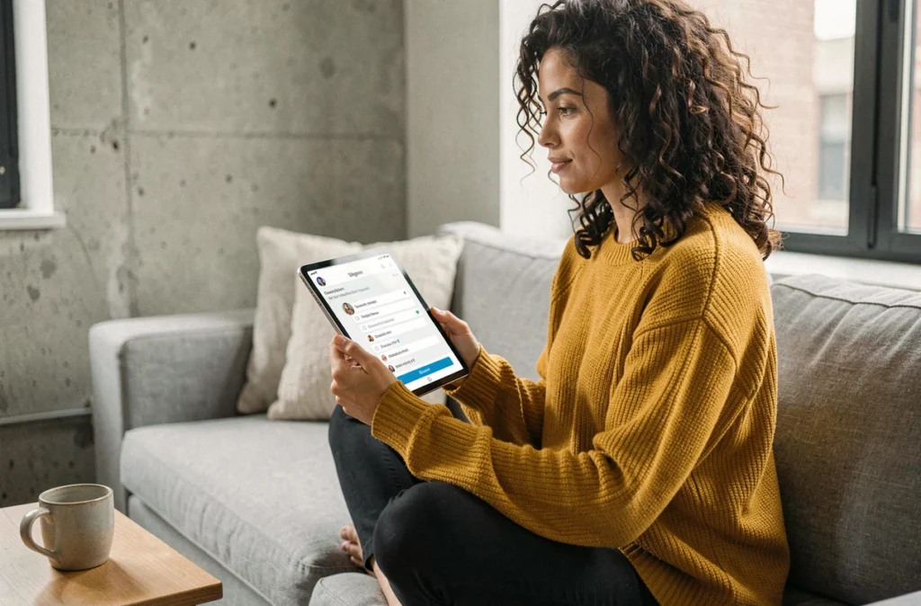 Femme vérifiant une checklist de publication GIF pour Instagram sur tablette depuis son appartement en 2026