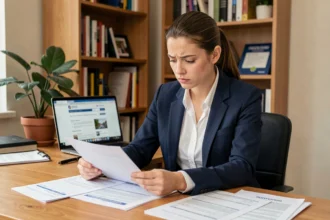 Jeune femme consultant des documents administratifs liés à la naturalisation sur son bureau à domicile
