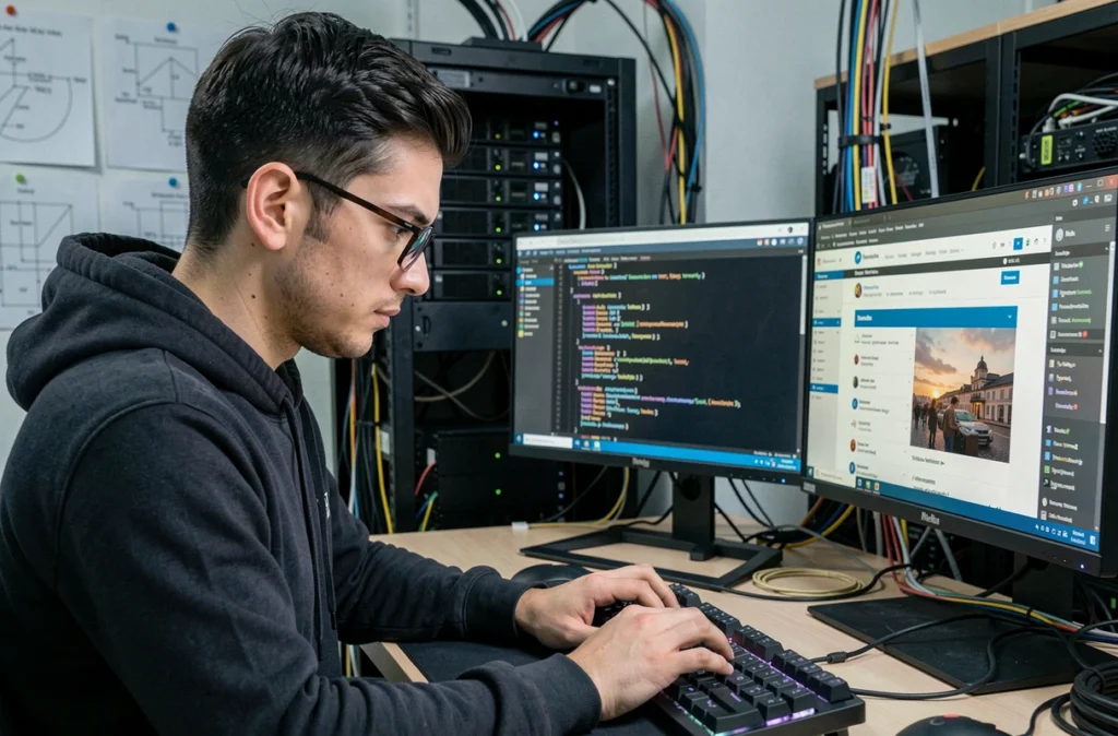Développeur full-stack de l'agence Fullstack codant une solution WordPress personnalisée sur son poste de travail