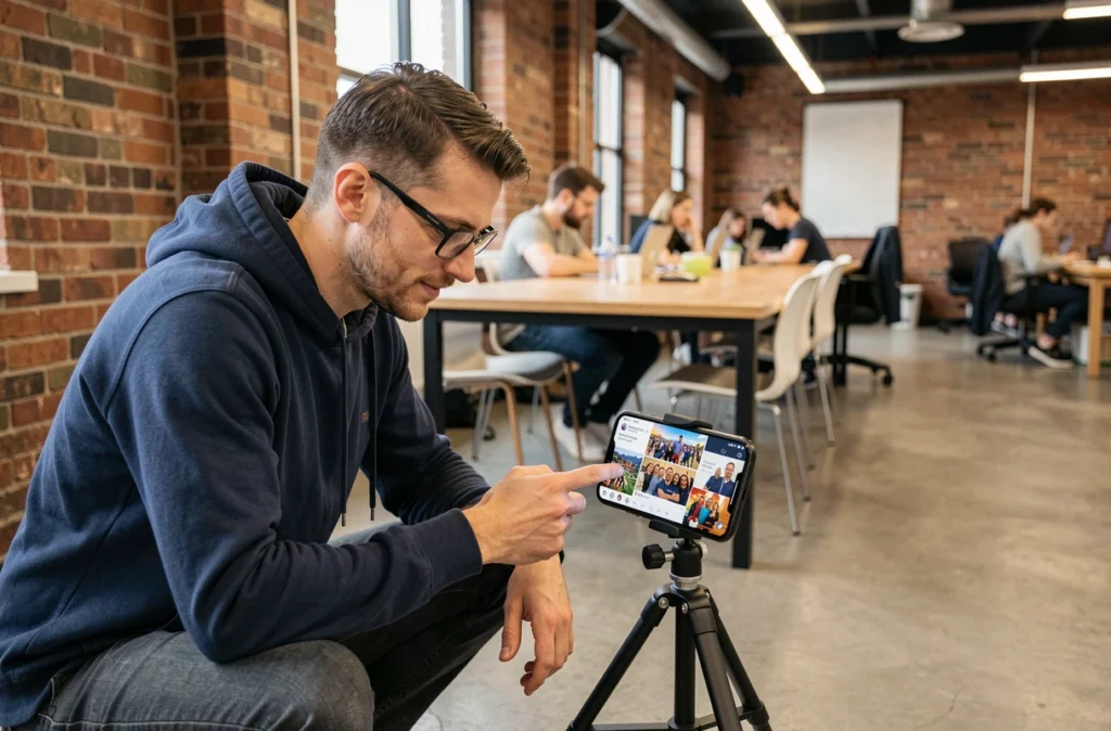 Homme testant un GIF animé sur smartphone dans un espace de coworking avant de publier sur Instagram