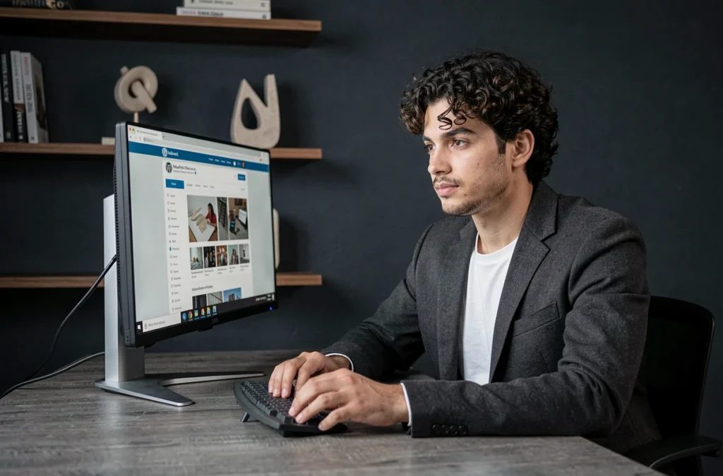Développeur de l'agence Limbus analysant un thème WordPress dans un studio à l'atmosphère créative sombre