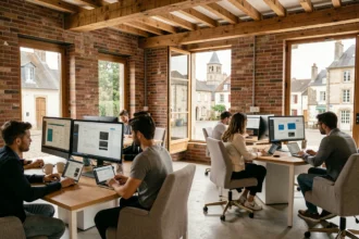 Vue d'ensemble d'une agence web moderne en Centre-Val de Loire avec des professionnels travaillant sur des projets WordPress