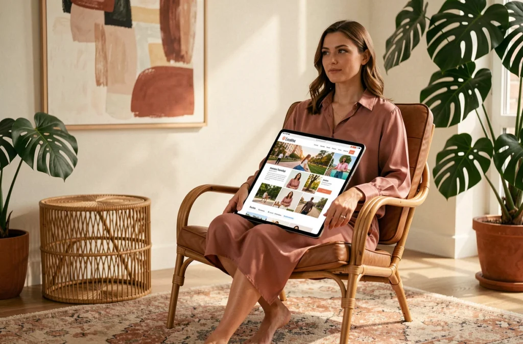 Directrice créative de Mooood consultant un site lifestyle sur tablette dans un salon studio chaleureux et végétalisé