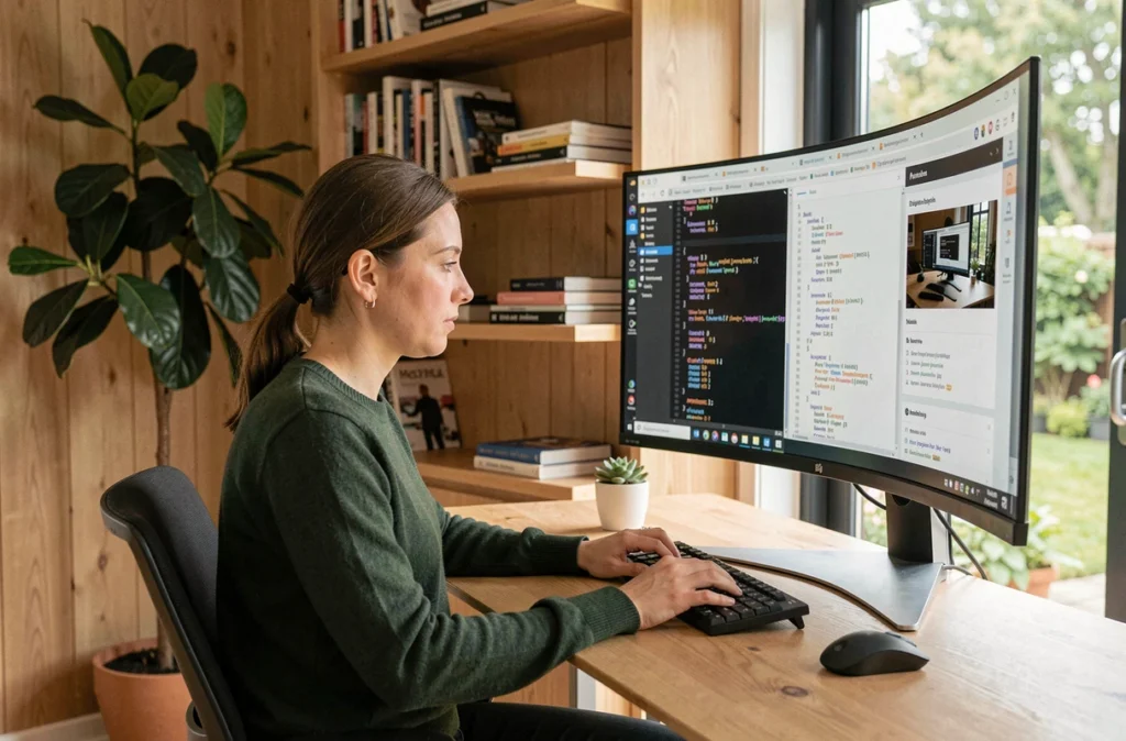 Développeuse de Natural-Net codant dans un espace de travail naturel avec plantes et mobilier en bois clair