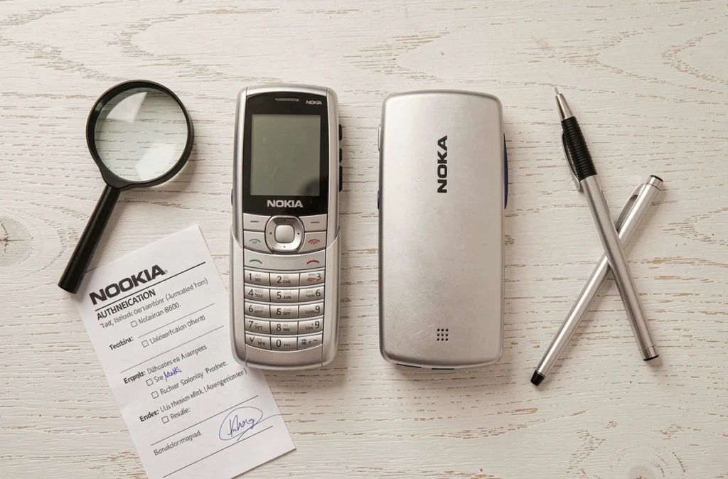 Comparaison côte à côte d'un Nokia 8800 original et d'une réplique sur un bureau blanc, avec loupe et checklist d'authentification pour distinguer les vrais modèles de collection des contrefaçons.